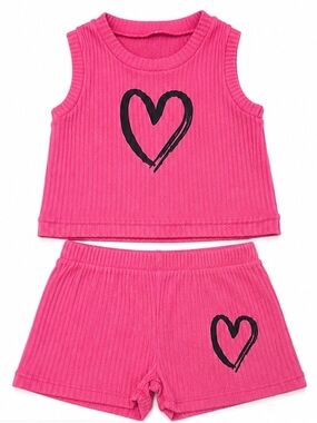 Girls Pink Ribbed Heart Tank Top & Shorts 2-Piece Set Size 7–8Y